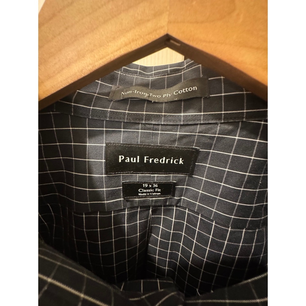 Paul Fredrick Mens Dress Shirt 19x36 Classic Fit Non-Iron Cotton Navy Windowpane - Picture 5 of 9